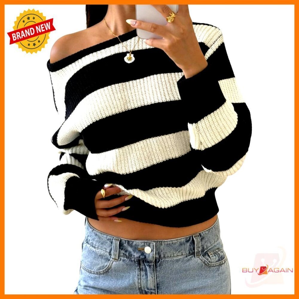 Striped Off Shoulder Oversized Y2K Knit Pullover Sweater Long Sleeve Loose Fit